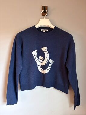 Vigoss Navy Horseshoe Intarsia Knit Cropped Western Graphic Sweater Size Large